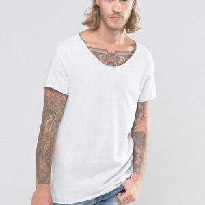 Over Sized White Plain With Deep Large Round Neck T Shirt