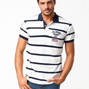 A Classic Style White Color With Blue Lines Polo T Shirt